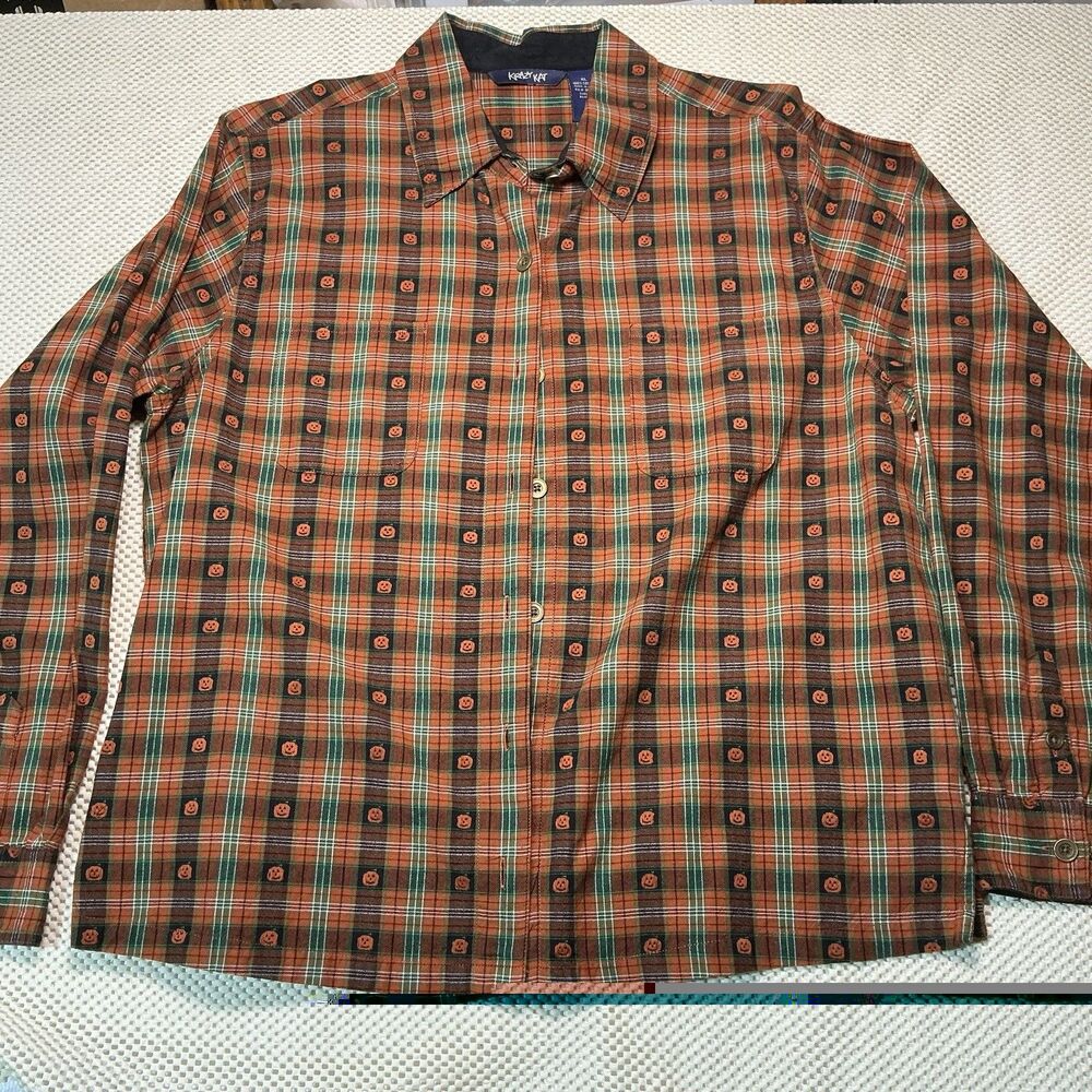Krazy Kat Shirt Women’s XL Orange Green Plaid Pumpkin Halloween Long Sleeve